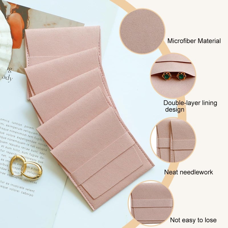 Handmade 40pcs Pink Microfiber Jewelry Pouch 8 x 8cm Jewelry Packaging Bag Luxury Gift Fixed Strap Envelope Style Packaging Small Jewelry Gift Bags for Earrings Necklaces Bracelet Ring - Image 3